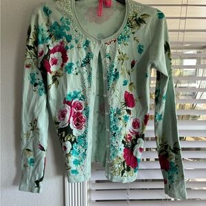 Charlotte Tarantola Mint Floral Embellished Cardigan with Pink & Teal Flowers